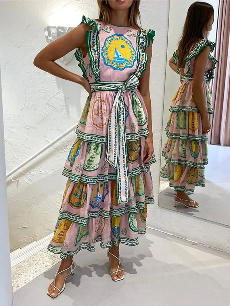 Printed Layered Ruffles Dress